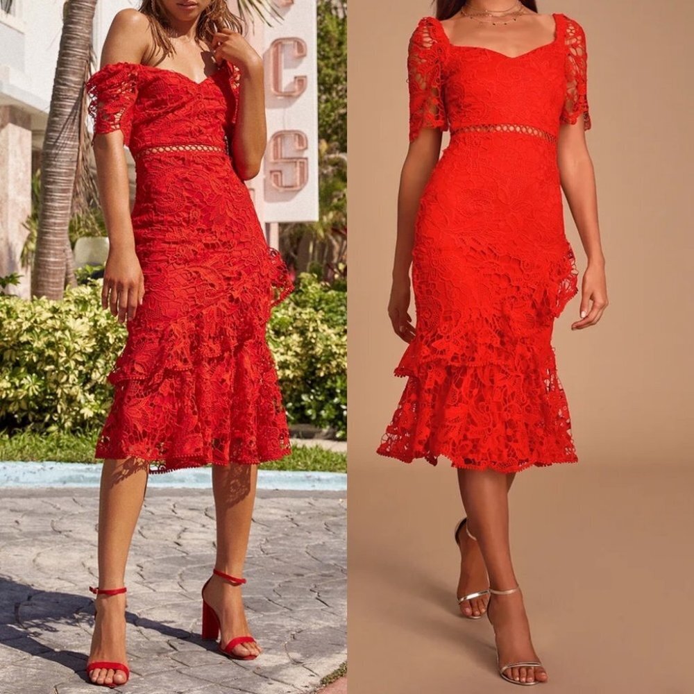 Lulus Briarwood Lace Ruffle Midi Dress Red Womens Size XS Midi Sexy Romantic NEW